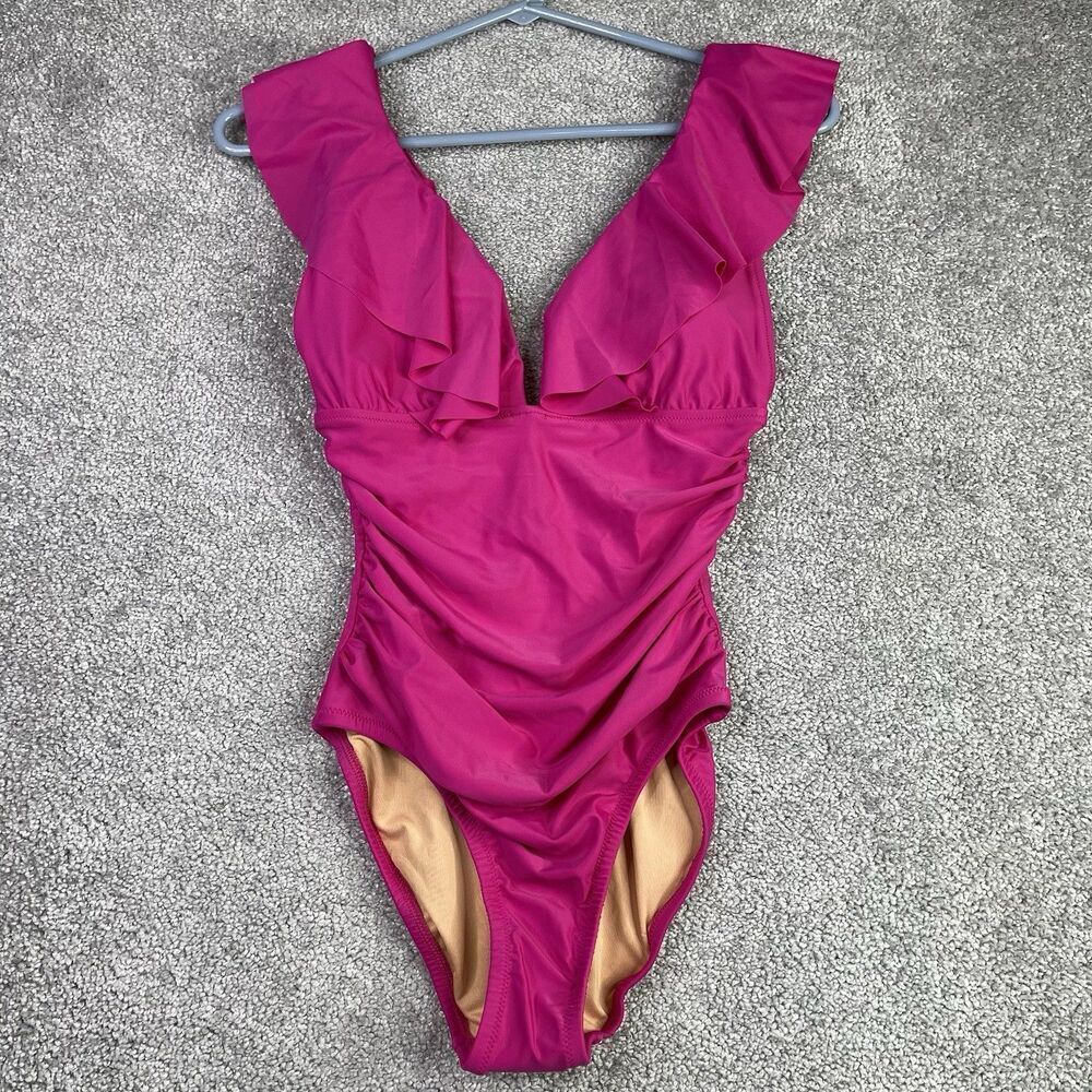 J. Crew Swimsuit Women’s 4 Fuchsia Ruffle One Piece Ruched V-Neck Lined Padded